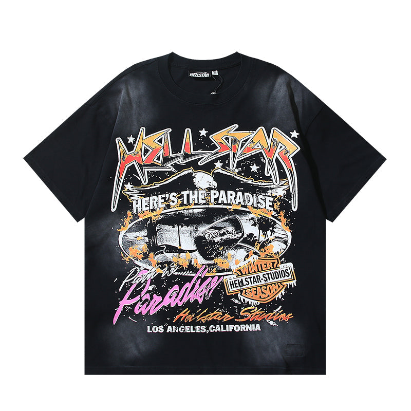 Hellstar T-shirt 2023 features bold streetwear graphics with 'Here's the Paradise' text and spaceship design. Fashion comfort from Hellstar Studios.