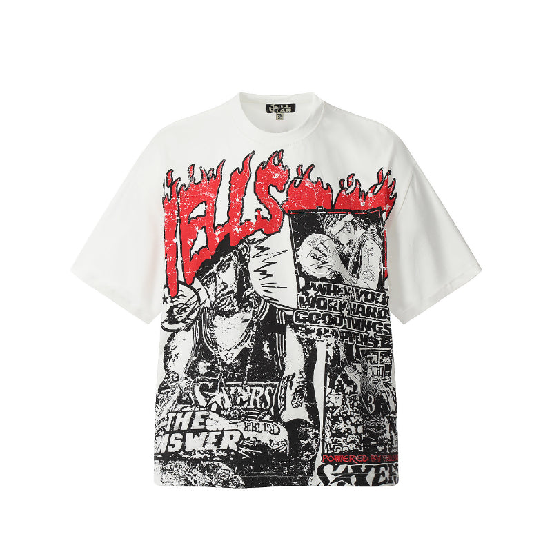 Hellstar 2024 new fashion T-shirt featuring bold red and black graphic print with edgy comic-style artwork on a white oversized tee. Ideal for streetwear lovers.