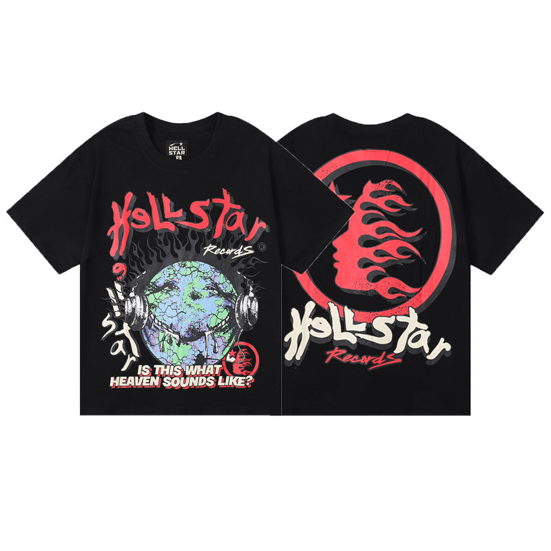 Hellstar T-shirt 2023 features bold front graphics with a flaming Earth and 'Is This What Heaven Sounds Like?' text, made from soft 100% cotton.