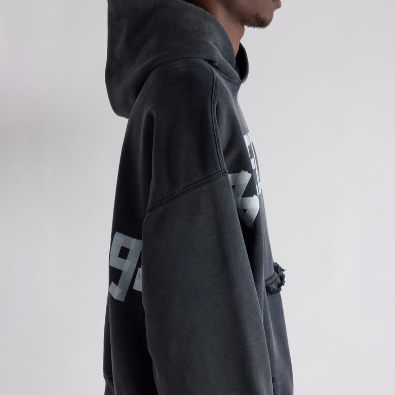Tape Type Ripped Pocket Large Fit Fleece Hoodie