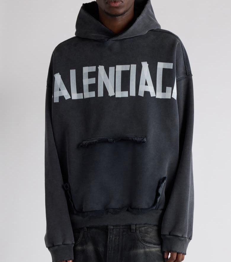 Tape Type Ripped Pocket Large Fit Fleece Hoodie