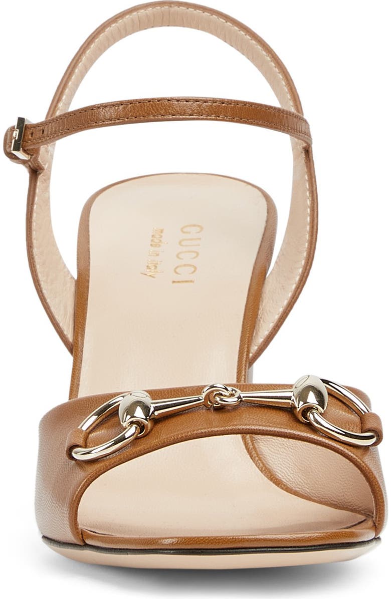 Horsebit Block Heel Sandal in tan leather with gold horsebit detail and ankle strap, perfect for chic summer footwear in women's designer sandals.