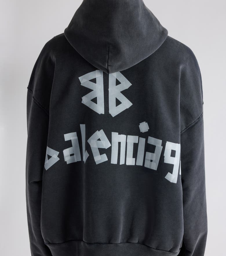 Tape Type Ripped Pocket Large Fit Fleece Hoodie