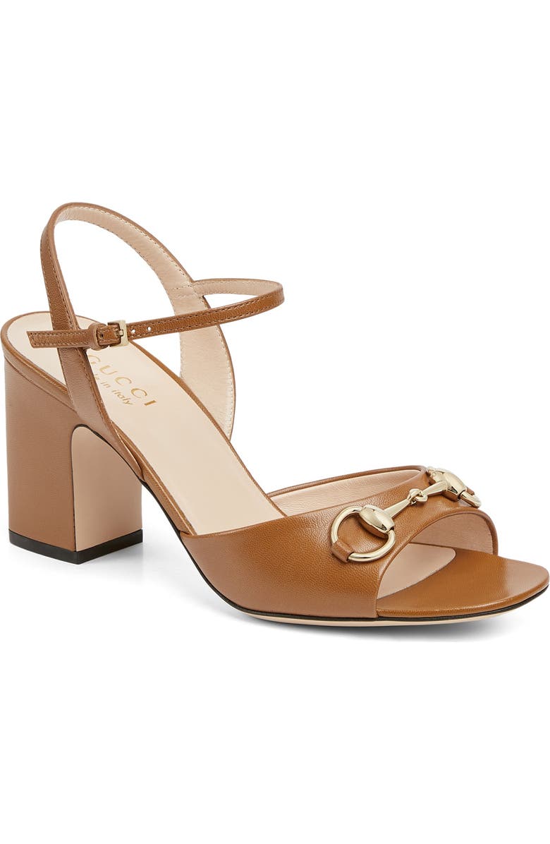 Horsebit Block Heel Sandal in tan leather with gold horsebit detail and ankle strap, perfect for chic summer footwear in women's designer sandals.