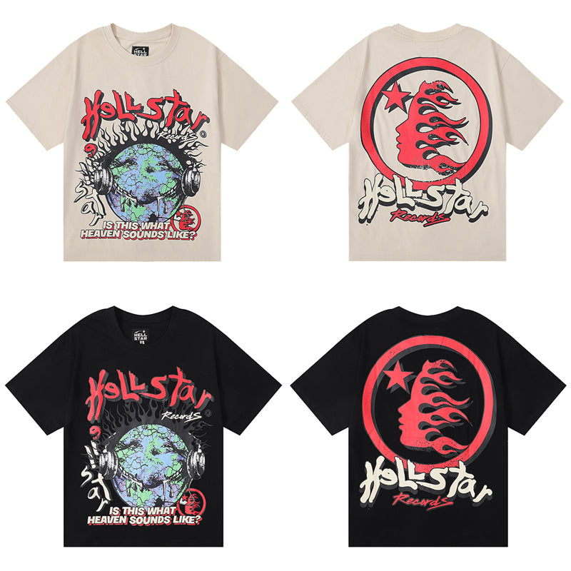 Hellstar T-shirt 2023 features bold front graphics with a flaming Earth and 'Is This What Heaven Sounds Like?' text, made from soft 100% cotton.
